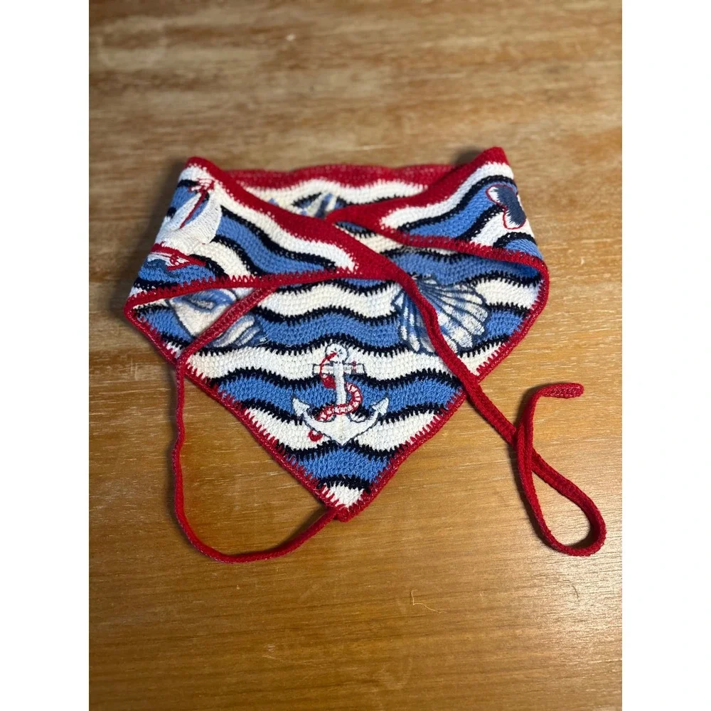 Handmade Crochet Nautical Hair Bandana Anchor Sailboat Shell Blue White Red Tie